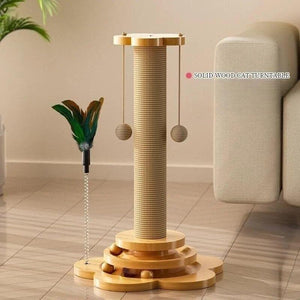 Durable Solid Wood Cat Turntable Toy – Sisal Scratching Board & Funny Stick Balls